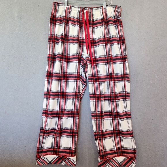 PajamaGram Mens Fleece Pajama Set XL Red White Plaid Long Sleeve Wide Leg PJs - Picture 11 of 16